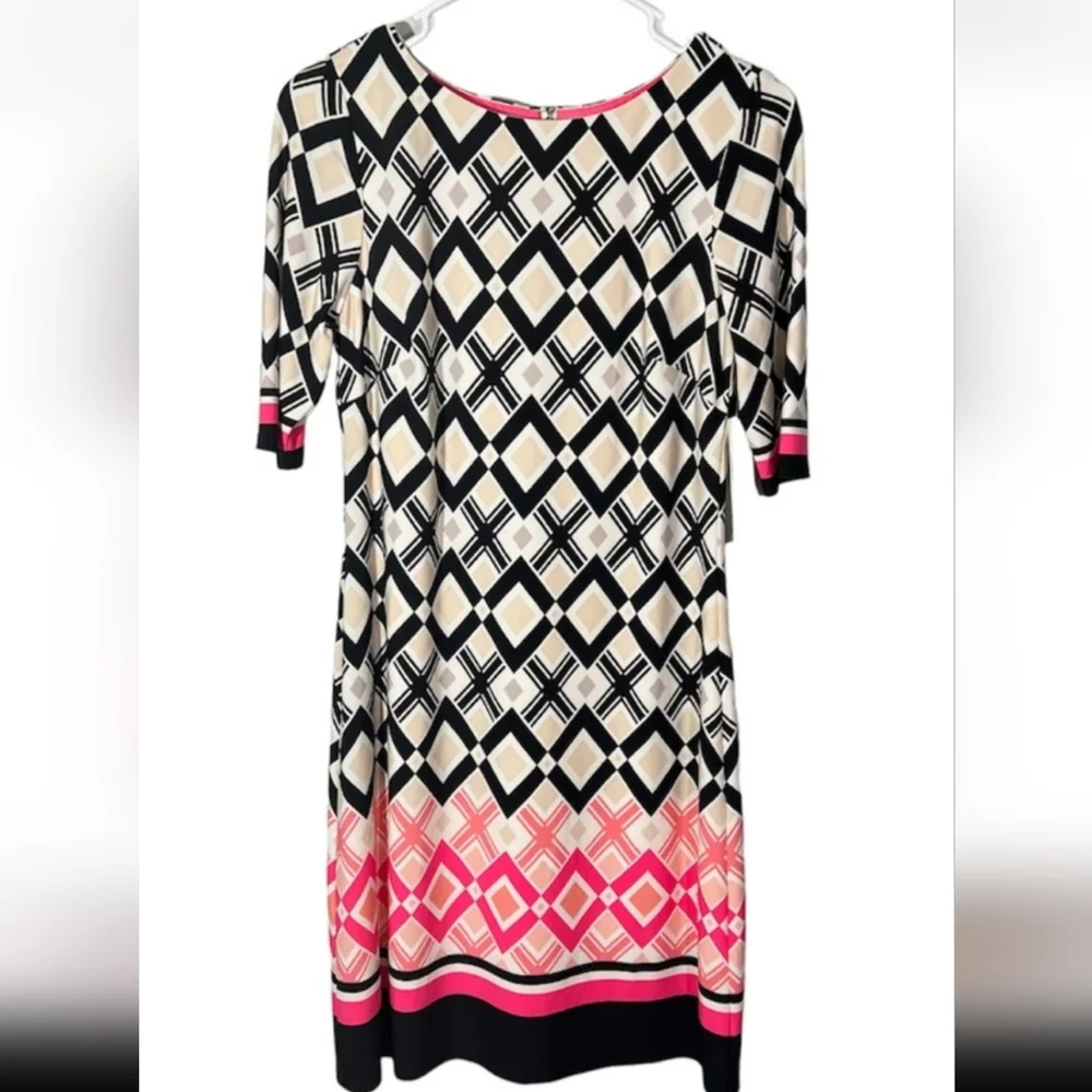 Eliza J Pink and Cream Sheath Midi Dress with 3/4 Sleeves- 8 EUC